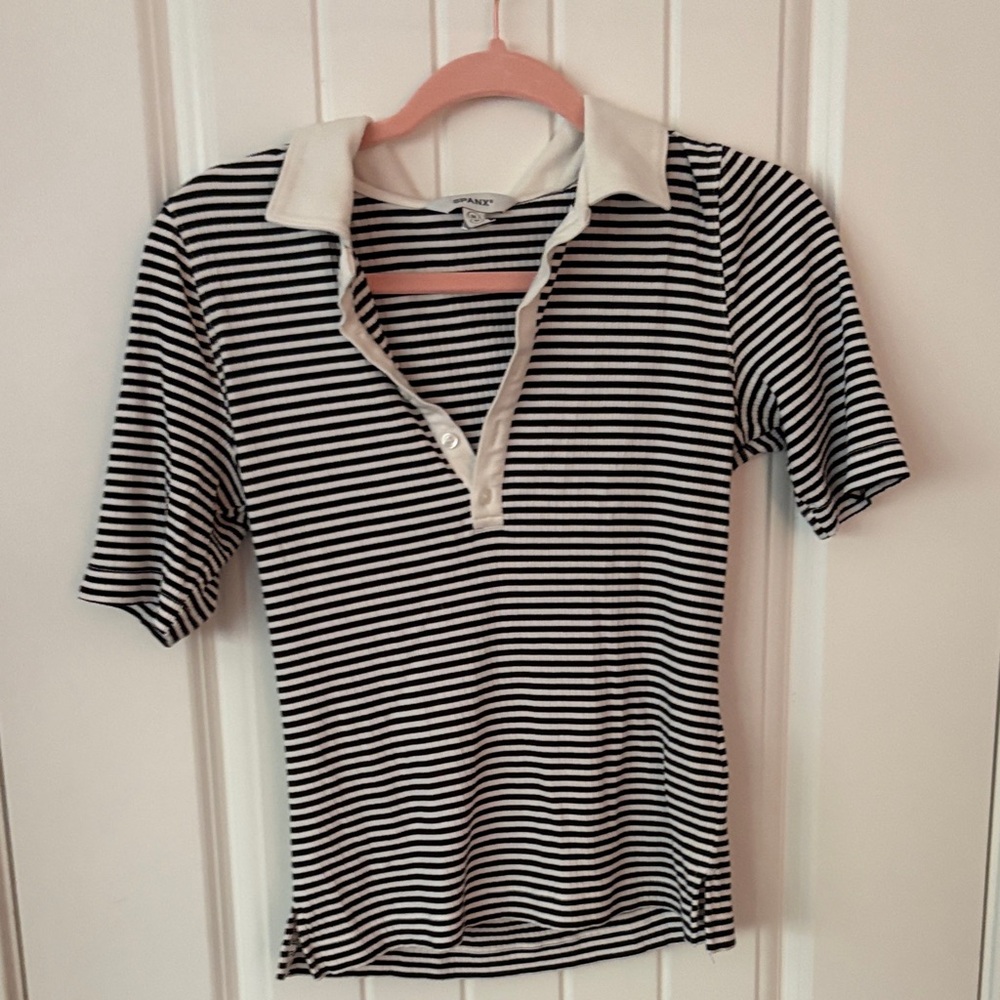 SPANX Black and White Striped Polo Top